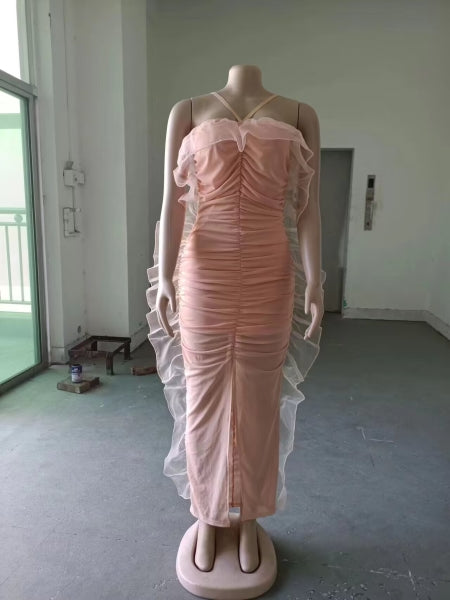 Ruffled See-Through Mesh Slit Strap Bodycon Dress 8