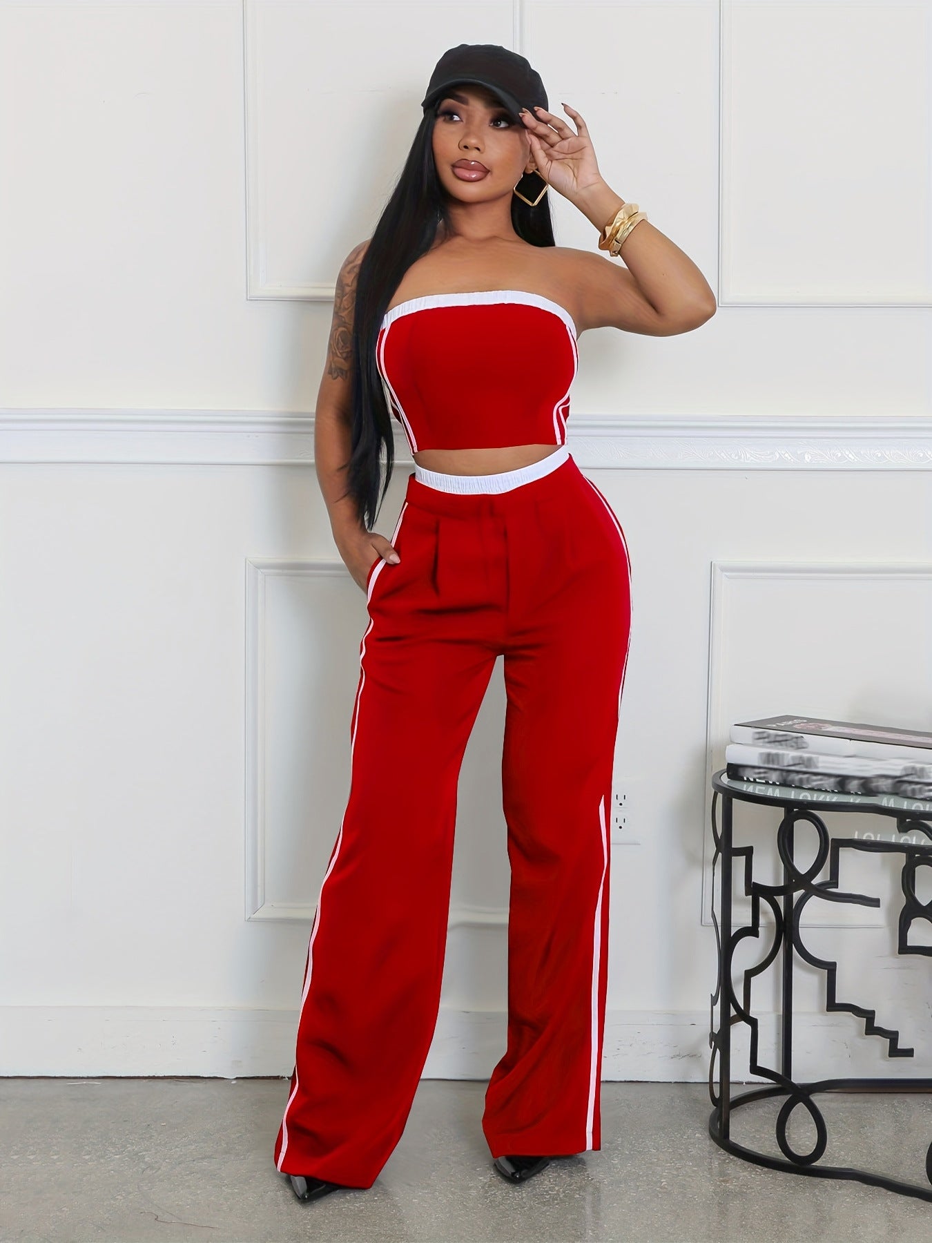 Summer Fashion Strapless Top Wide Leg Loose Pants Set 5