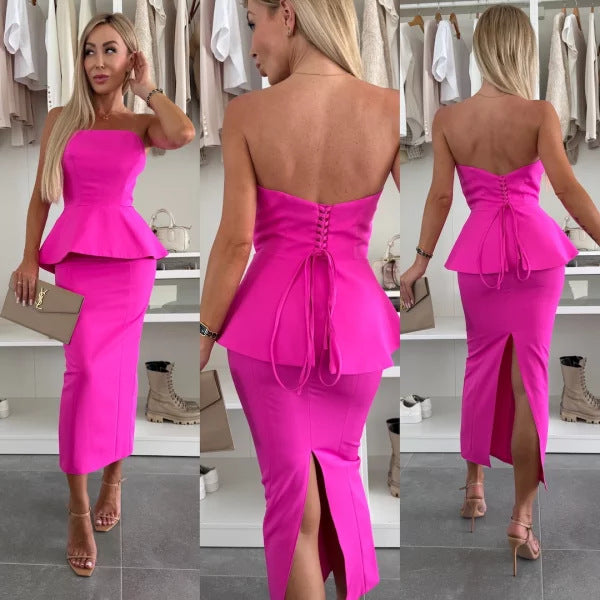 Spring Women's Clothing Strapless Sexy Split Fashion Two Piece Skirt Set 3