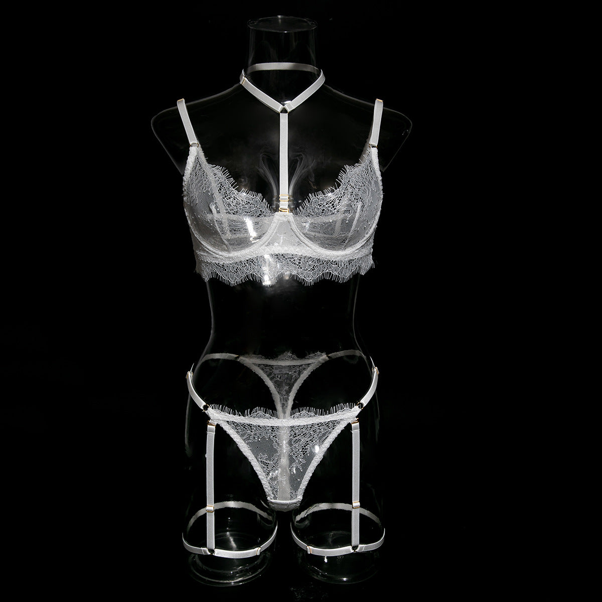Women hollow lace eyelash halter neck lingerie set with detachable leg loops 28