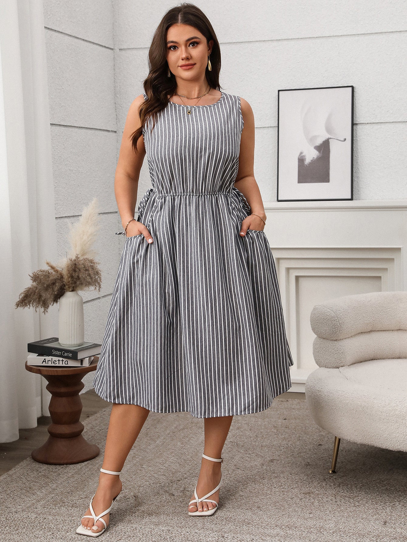 Spring/Summer Women's Plus Size Casual Contrast Stripe Sleeveless Pocket Dress