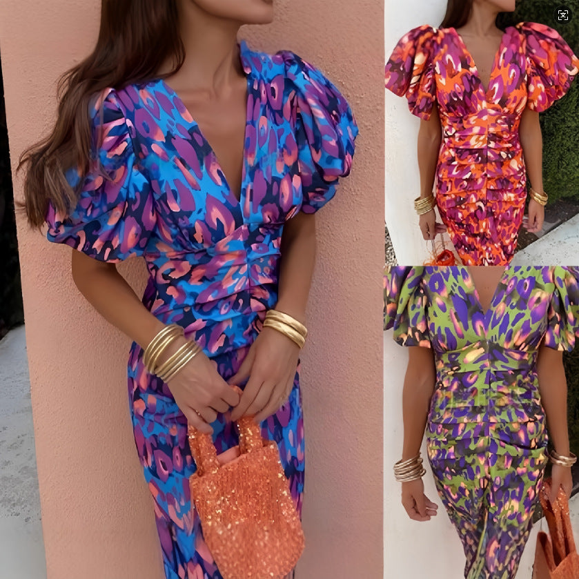 Printed V-Neck Slim Waist Puff Sleeve Bodycon Dress 8