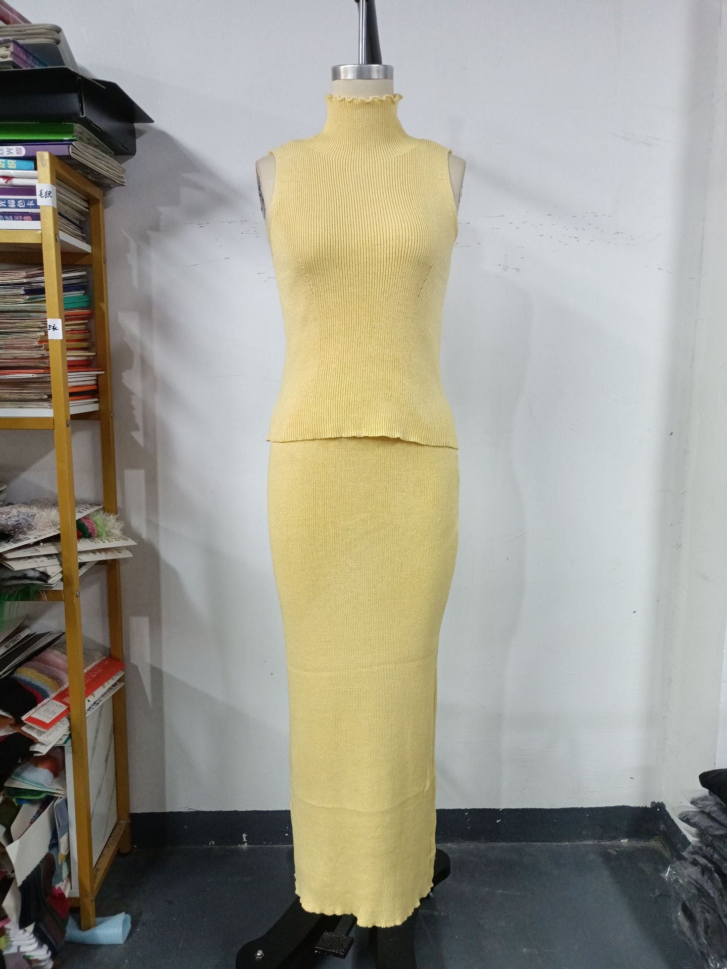 Women's Elegant Sleeveless High-Collar Knitting Vest & Bodycon Long Skirt Two Piece Set 11