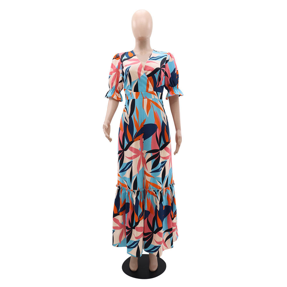 Women's Printed Puff Sleeve V-Neck Ruffle Long Dress 3