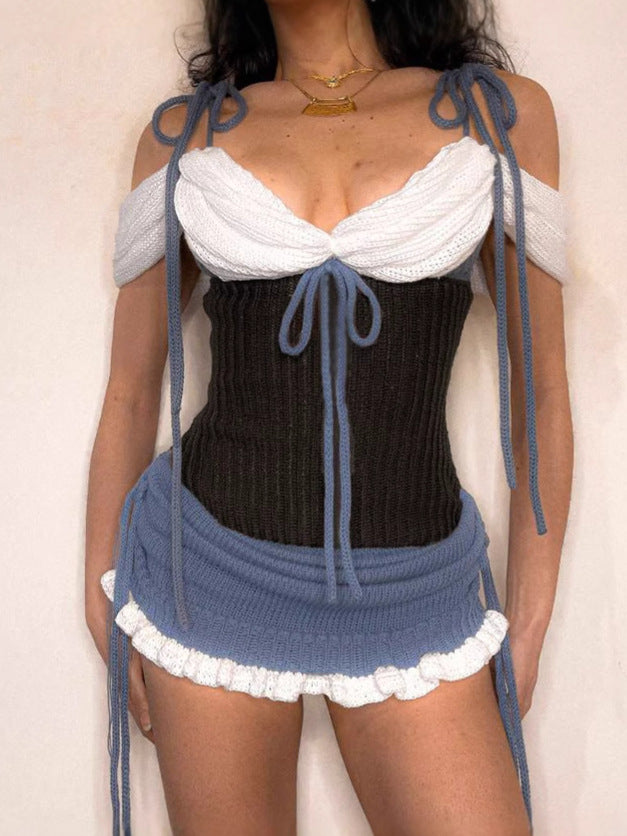 Spring Women Sexy V-Neck Lace-Up Contrast Color Bodycon Knitting Dress