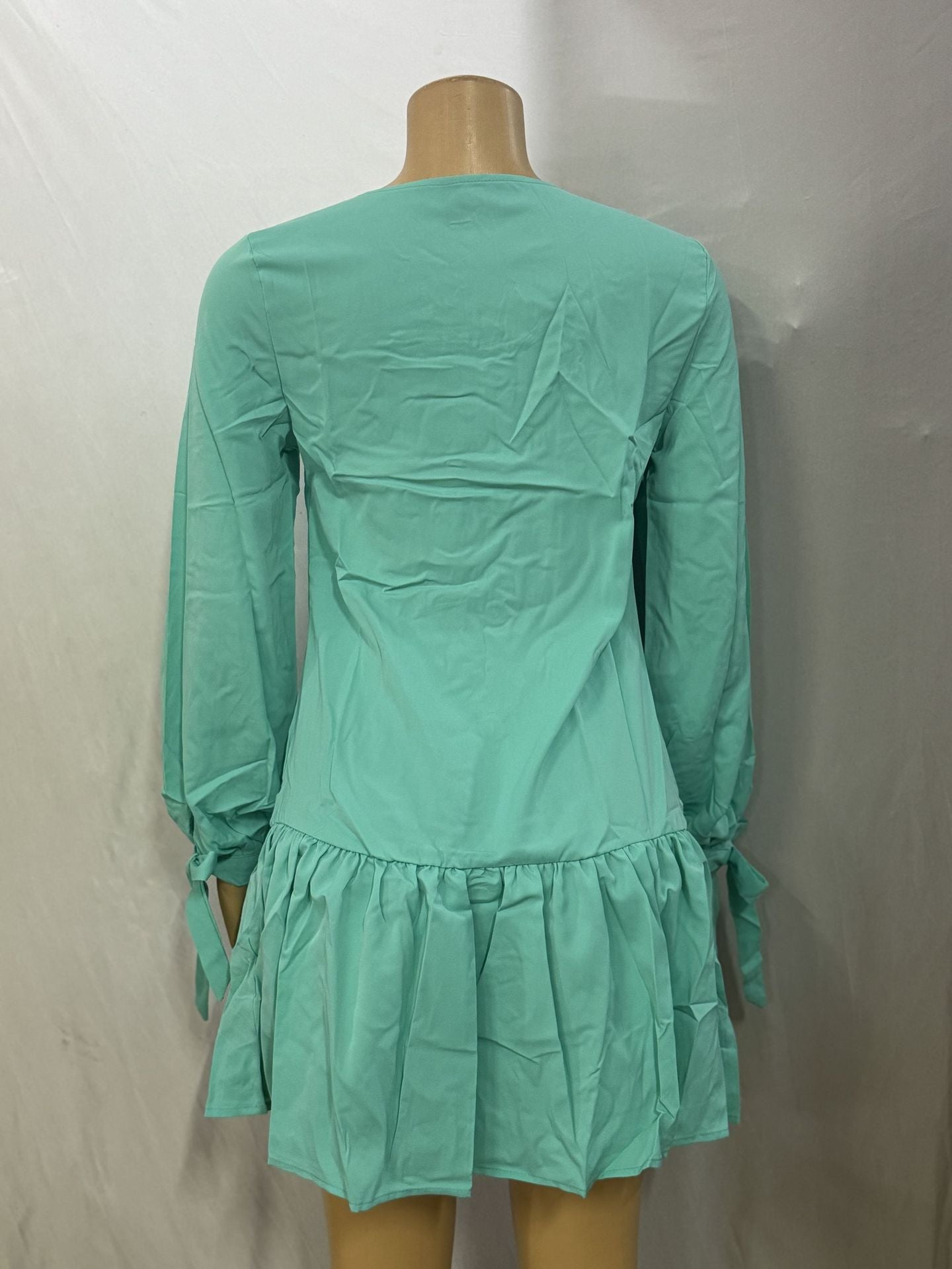 Women Casual U-neck Solid Long Sleeve Lace-Up Pleated Dress 11