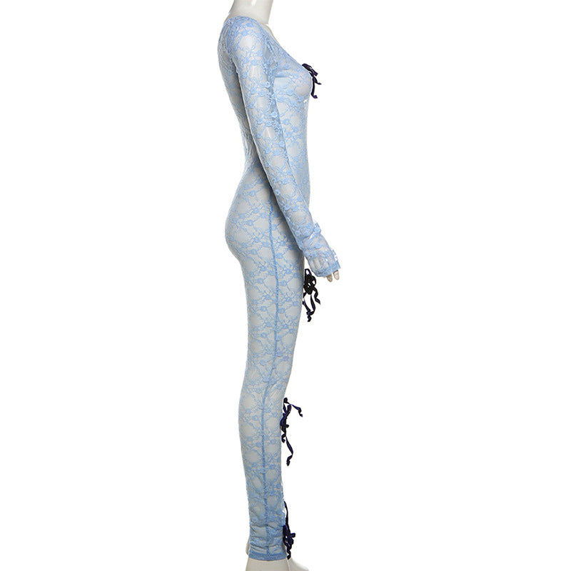 Women Spring Sexy See-Through Hollow Jacquard Long Sleeve Lace Jumpsuit 10