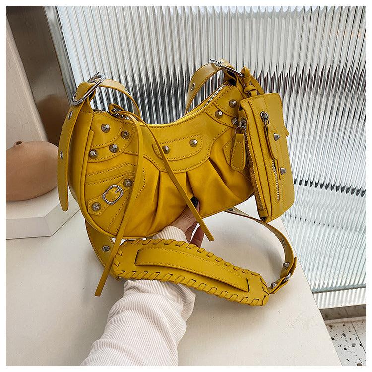 Diagonal pleated single shoulder women's retro rivet bag 52