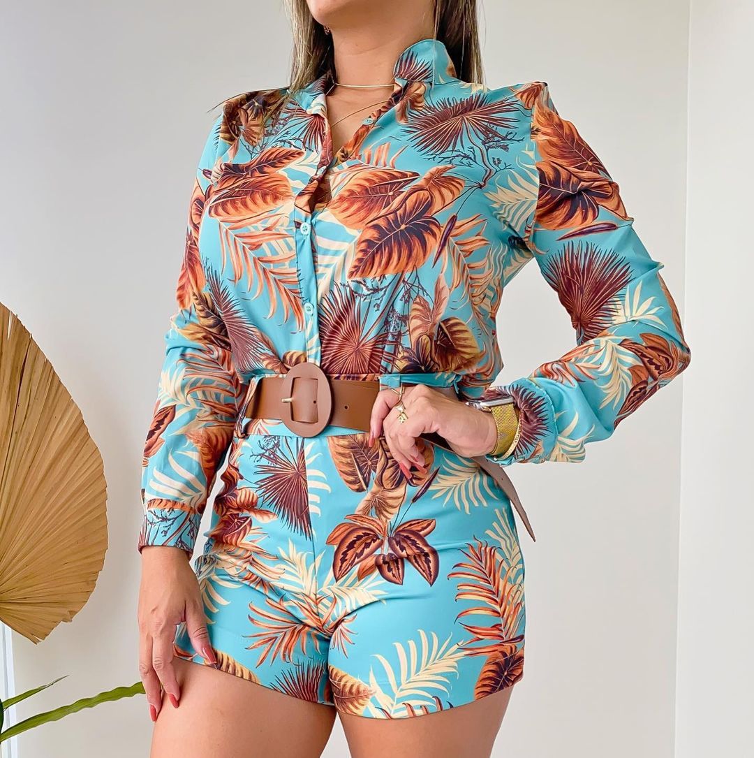 Women's Printed Long Sleeve Shirt Shorts Fashion Women's Two Piece Set 4