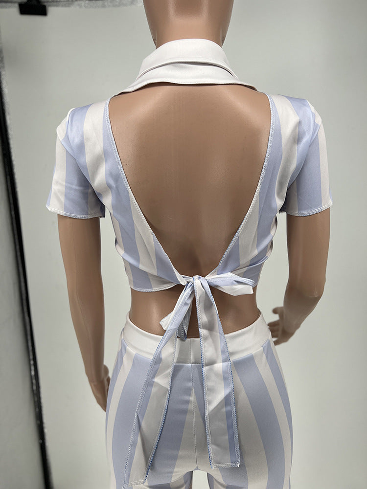 Women Summer Stripe Print Lace-Up Sexy Backless Two-Piece Set 16