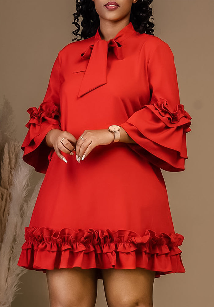 Women Loose CasualRuffle Edge Solid Dress