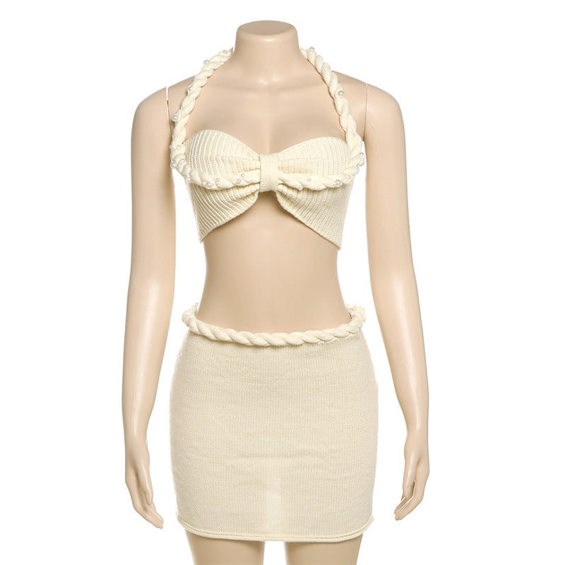 Women Summer Style Casual Solid Knitting Halter Neck Top and Skirt Two Piece Set 9