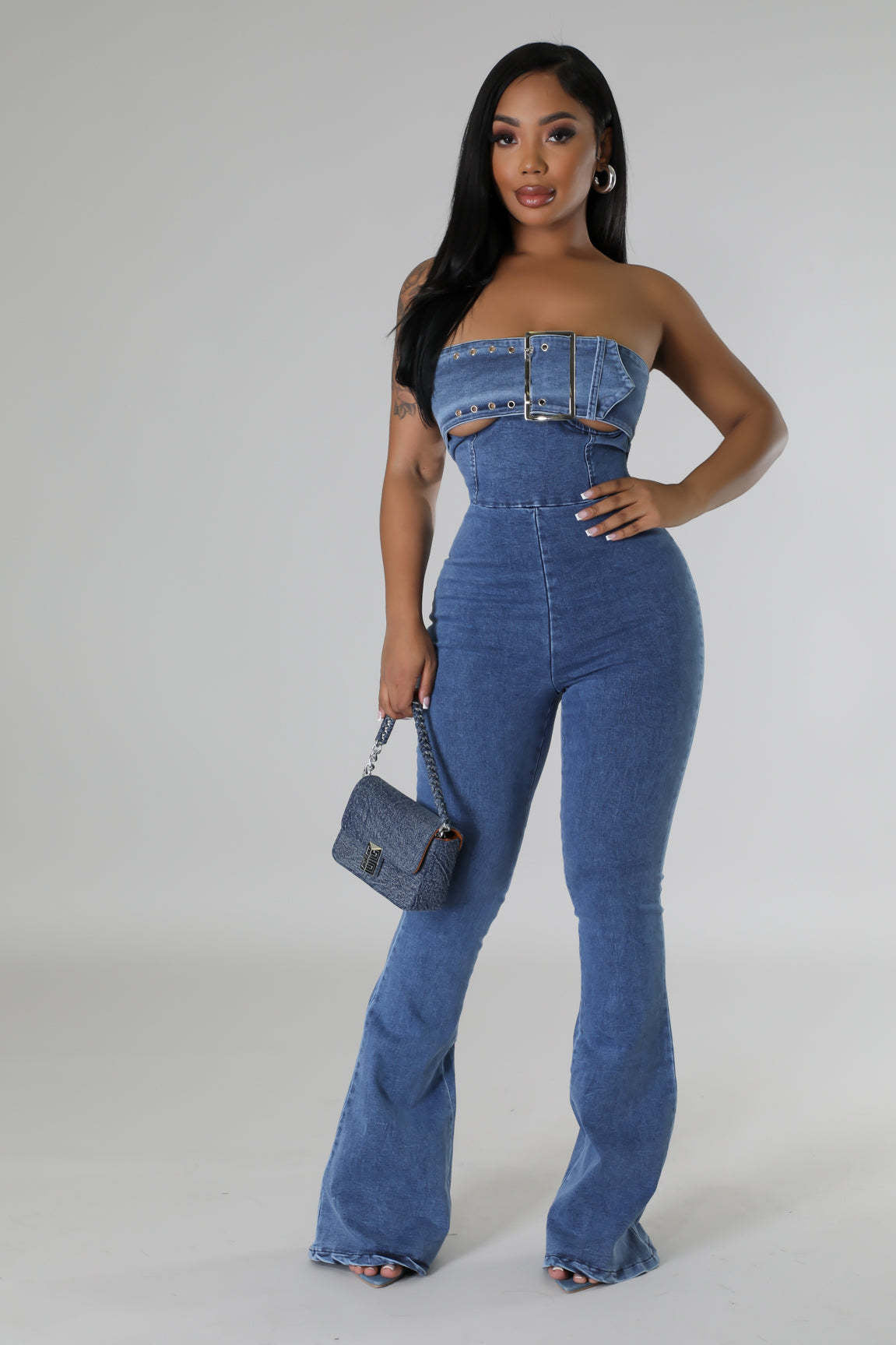 Women Casual Sexy Strapless Backless Adjustable Strap Denim Jumpsuit 3