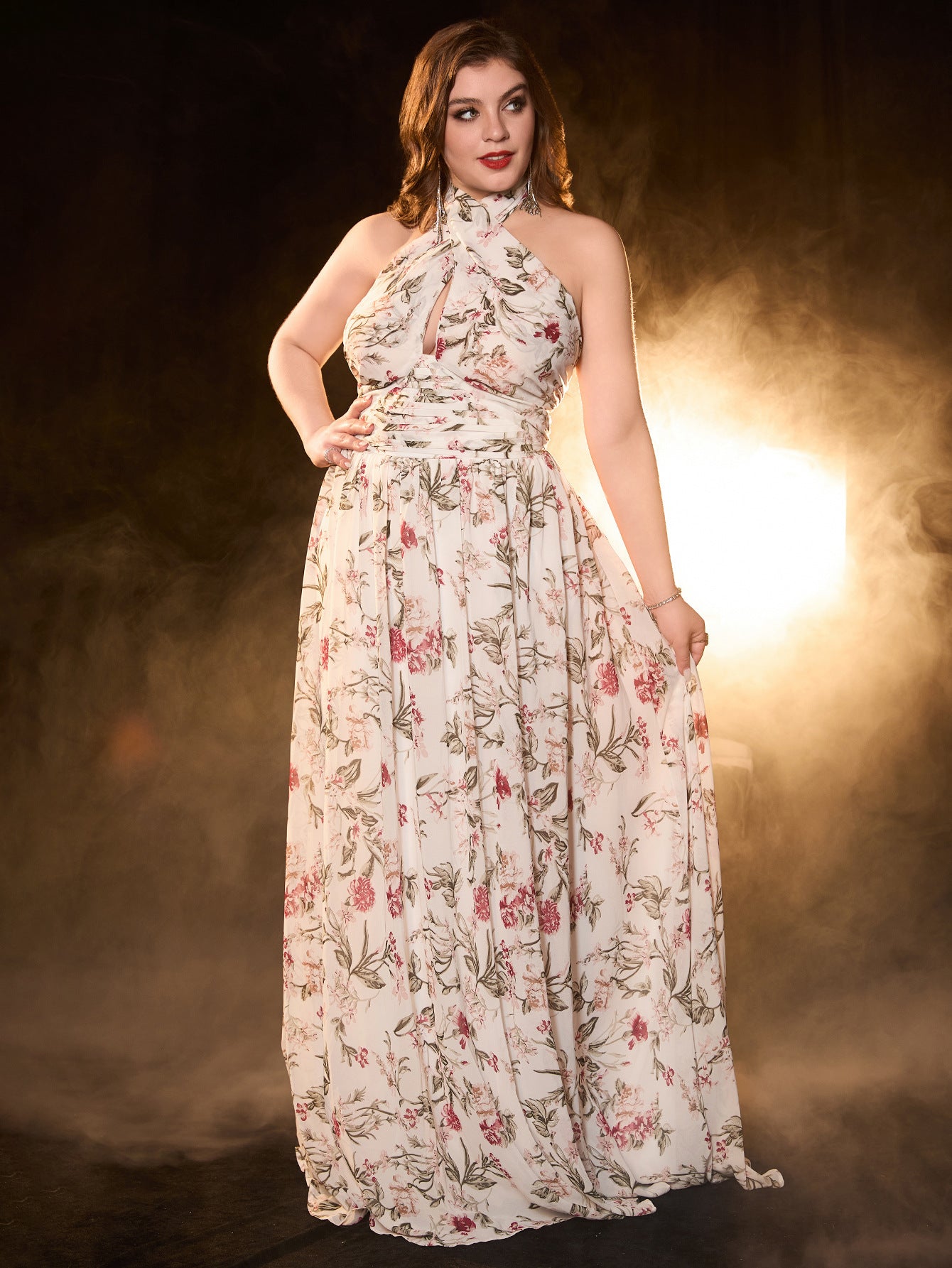 Plus Size Strap Print Sexy Halter-Neck Long Evening Dress 3