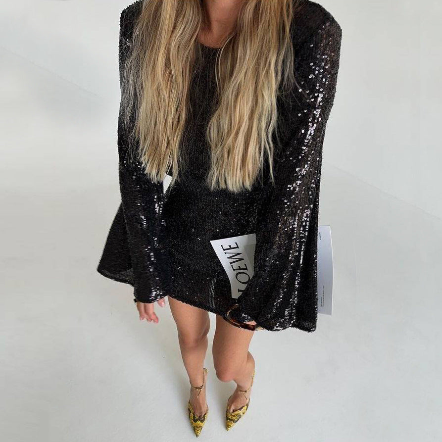 Autumn And Winter Women's Sequin Bell Bottom Sleeve Fashion Casual Dress
