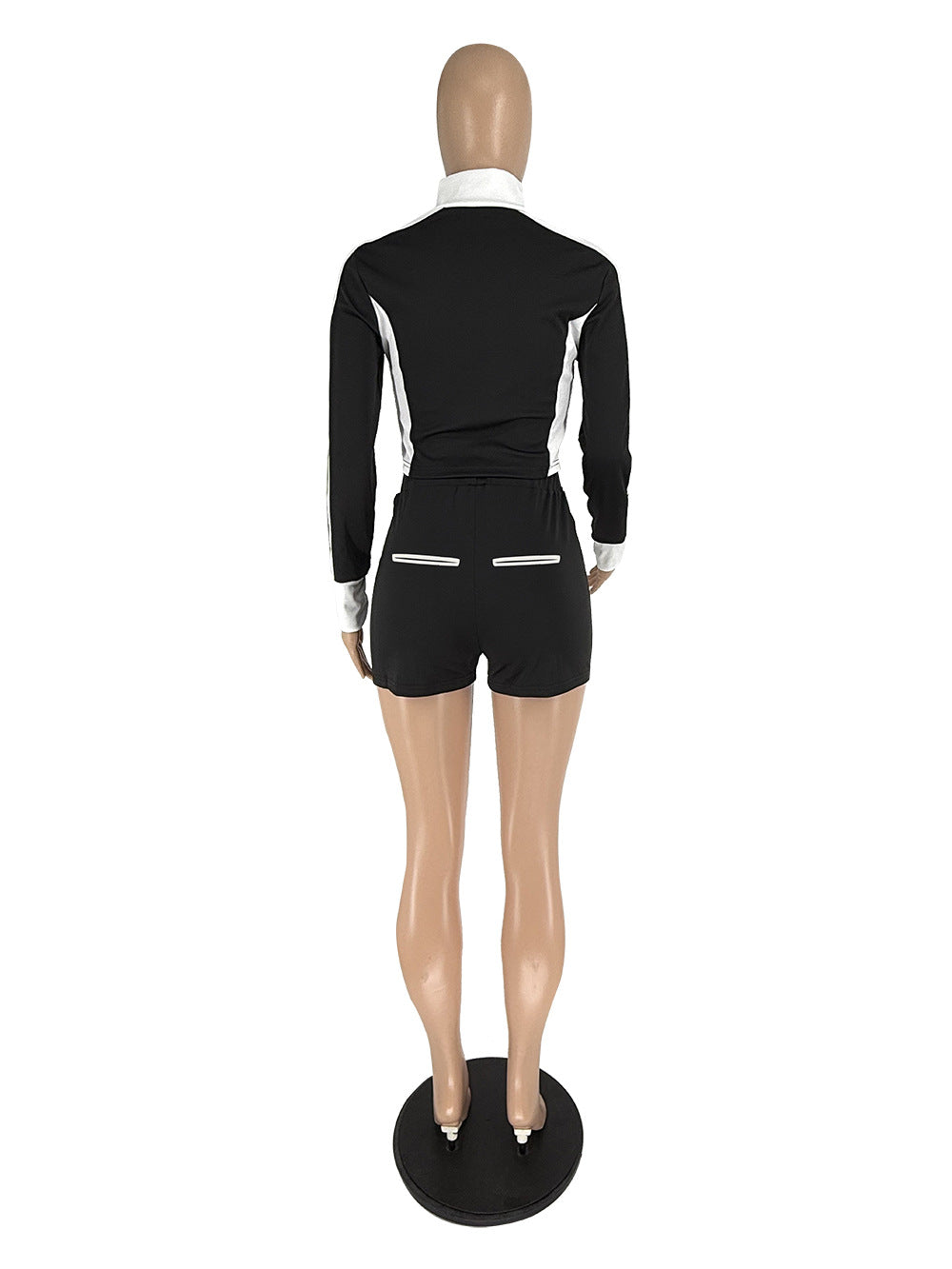 Women Summer Contrast Color Patchwork Long Sleeve Top and Shorts Sports Two-piece Set 13