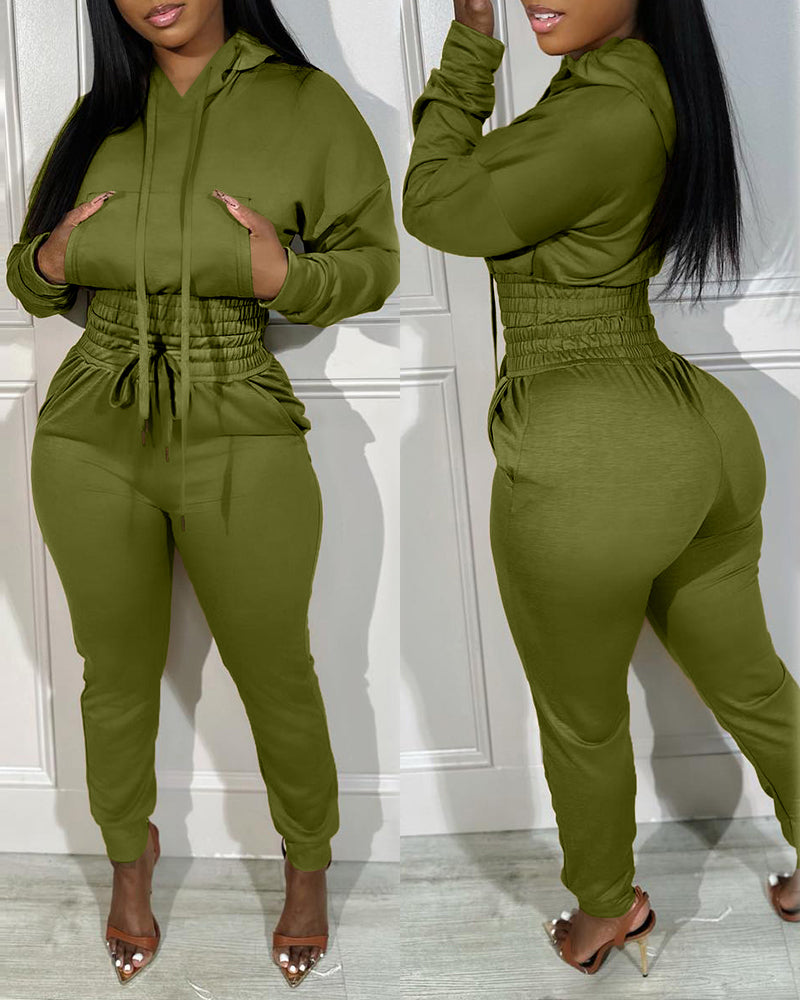 Women's Solid Color Elastic Waist Hooded Jogging Suit 5