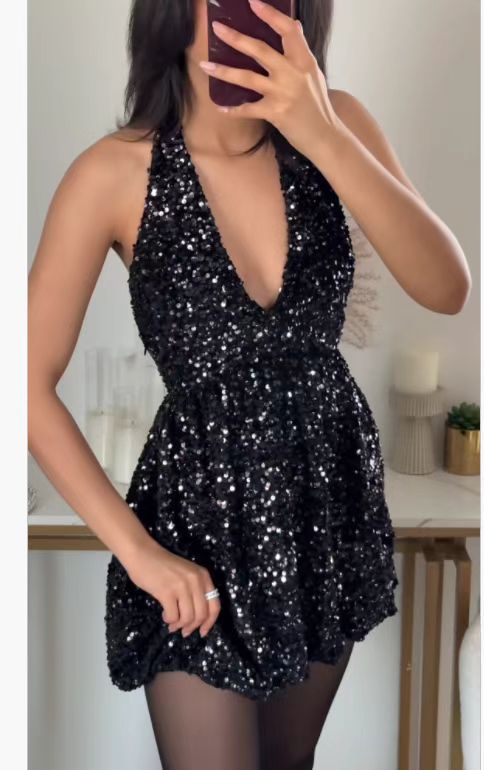 Women Halter Neck V-neck black sexy dress 6