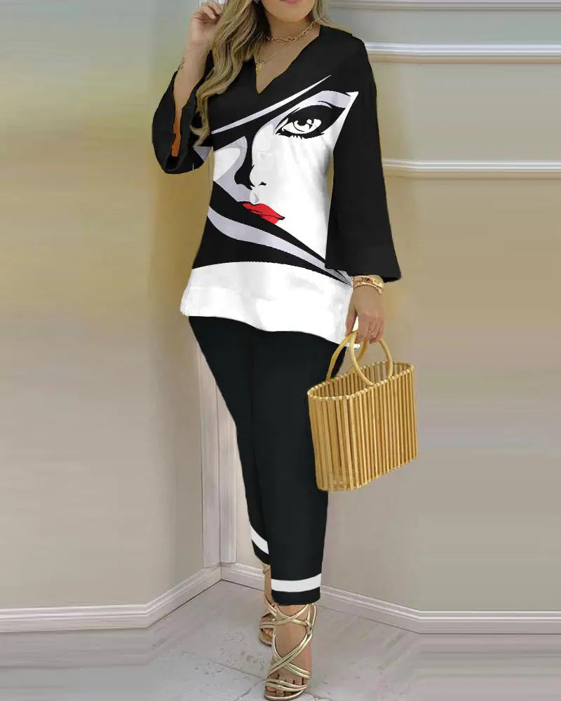 Spring Summer Print Fashion V-Neck Long Sleeve 2-Piece Pants Set 20