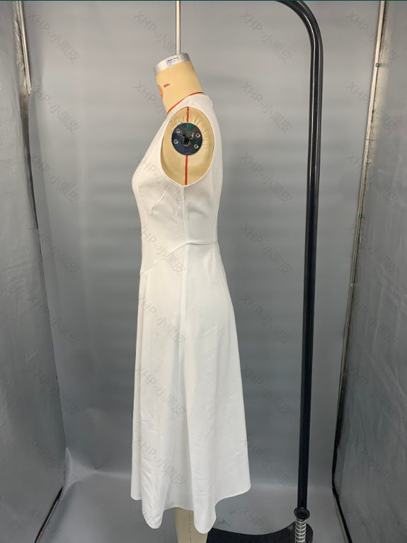 Women Summer Solid White V-Neck Sleeveless Dress 4