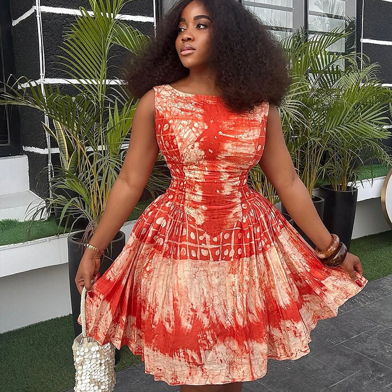 Printed Round Neck Sleeveless Pleated A-Line Mini Dress