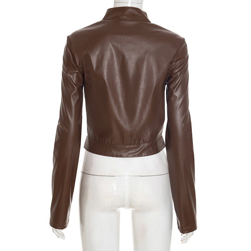 Women Fall/Winter Pu-Leather Long-Sleeved Zipper Jacket 7