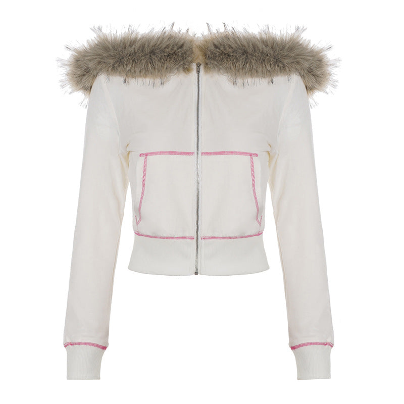 Women American-Style Fall/Winter Sport Velvet Letter Print Fur Collar Hooded Long-Sleeved Jacket and Pants Two-Piece Set 13