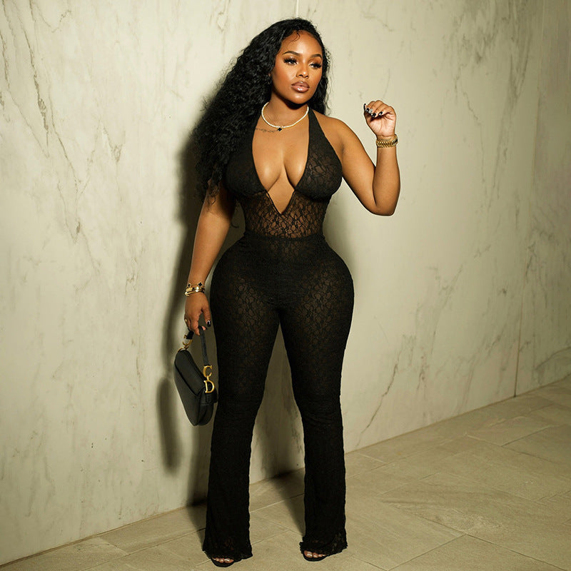 Women Fall Sexy Halter Neck V-Neck Lace See-Through Lace-Up Backless Jumpsuit