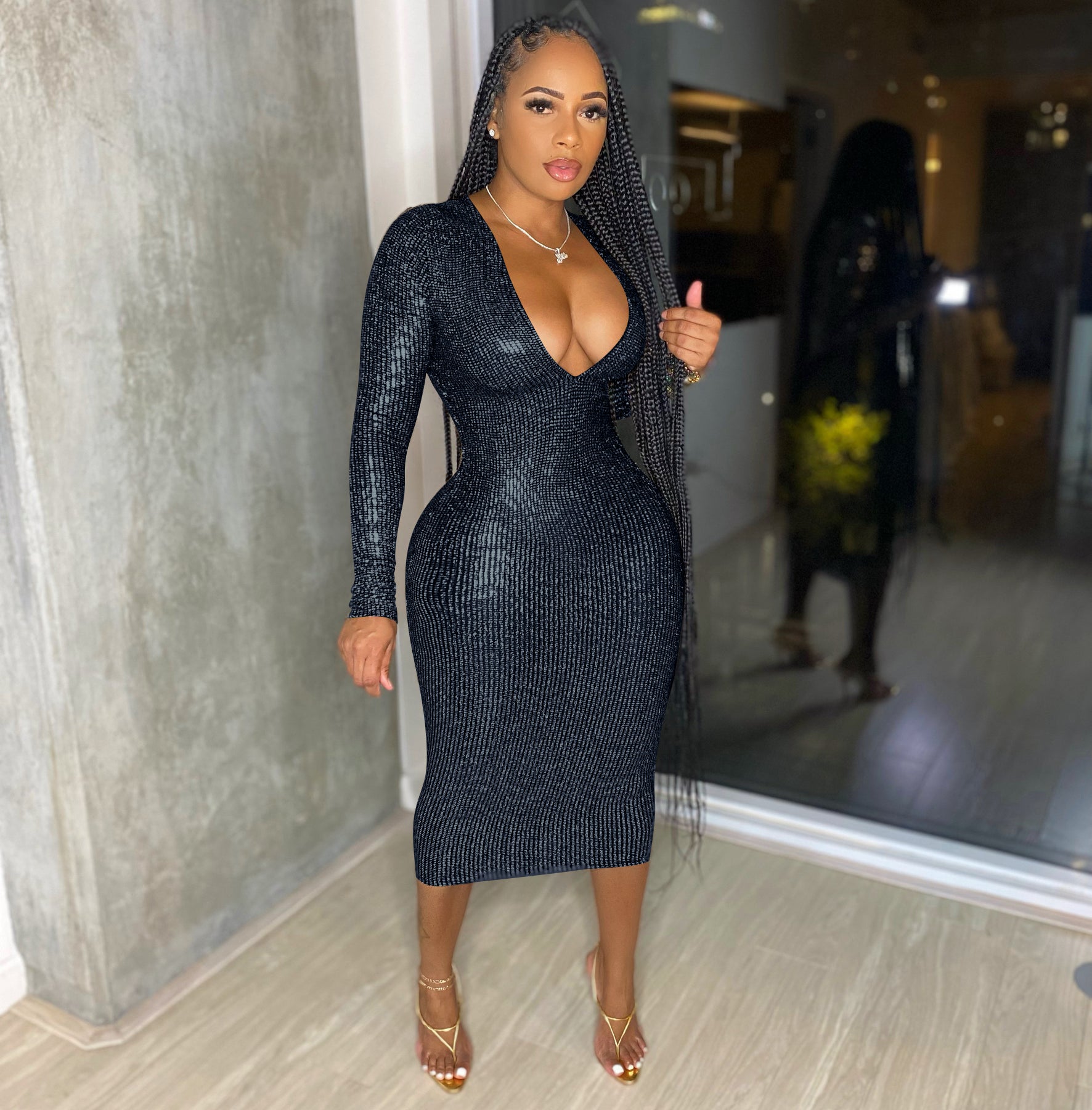 Ladies Chic Fashion Deep V Neckshiny Fabric Ladies Midi Bodycon Dress Party Wear 12