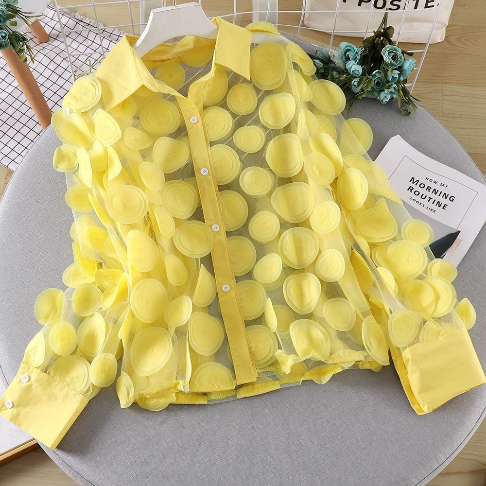 French Palace Style Flower Stage Dress Ladies Chiffon Shirt Hollow Lantern Sleeve Trendy Mesh Shirt Women 14