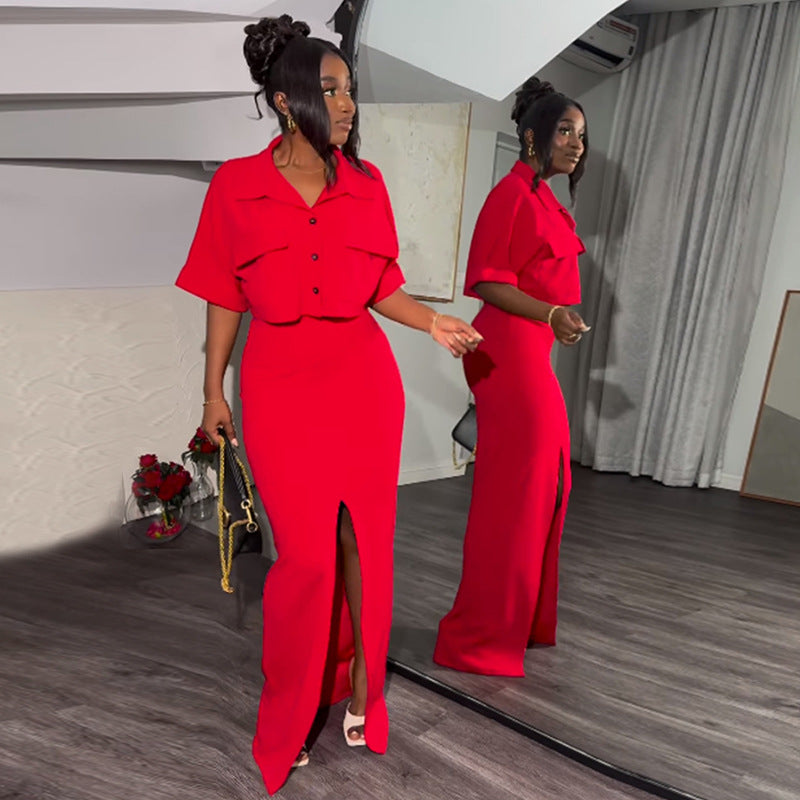 Women's Summer Turndown Collar Short Sleeve Shirt Top Slit Long Skirt Suit 6