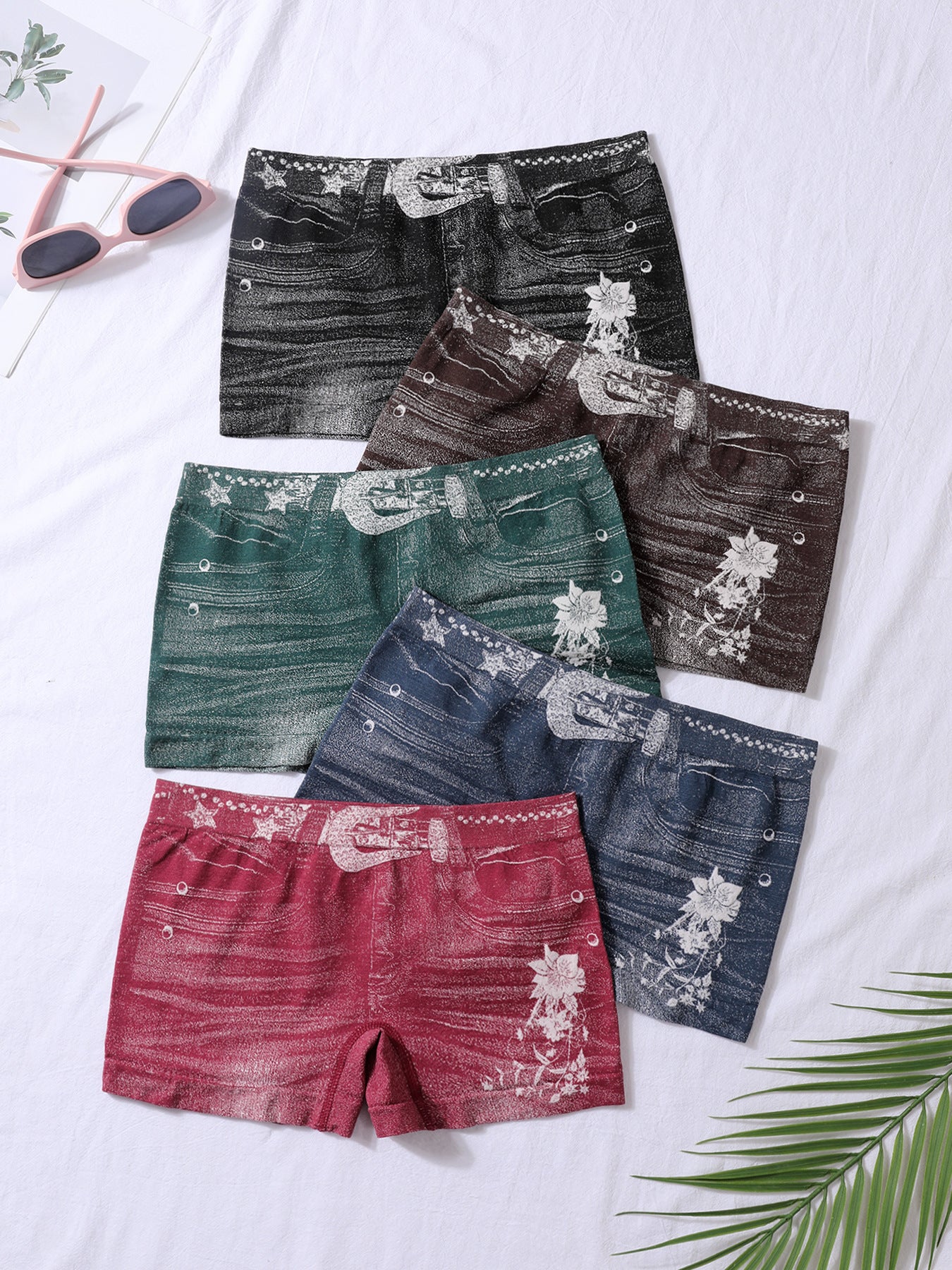 Seamless Simulated Denim Pattern Print Outdoor Wear High Stretch Mid-Rise Women's Square Leg Shorts 9