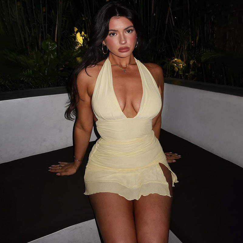 Women Summer Sexy Backless Lace-up Lace-up Slit Dress