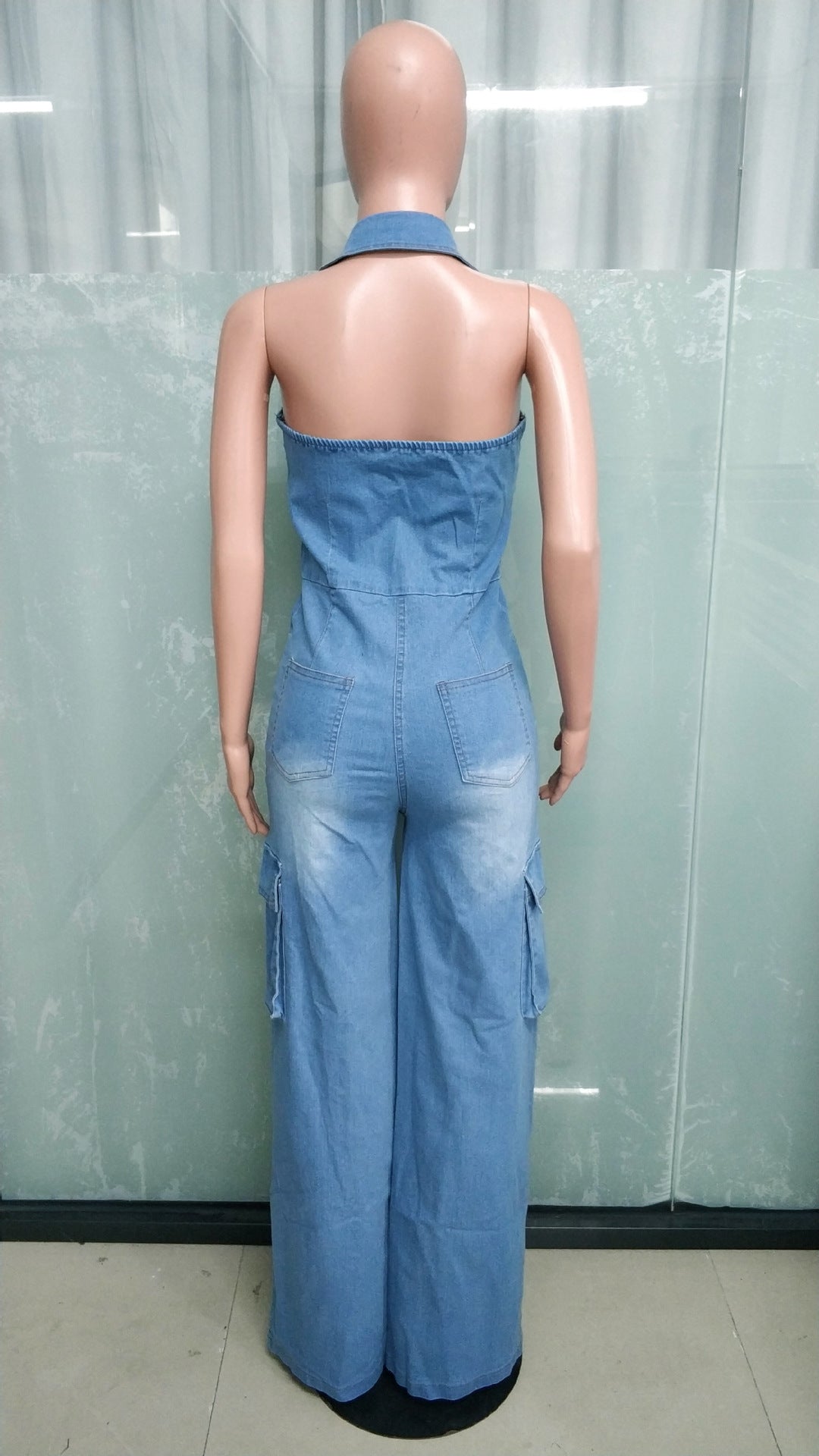 Halter Slim-Waisted Straight-Leg Loose Stretch-Denim Jumpsuit 9