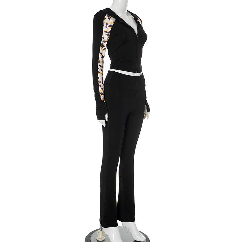 Women autumn contrast leopard print long sleeve Top and Pant two-piece set 8