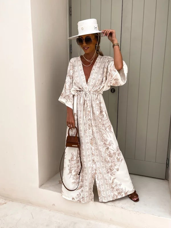 Women Spring Summer V Neck Short Sleeve Printed Dress 4