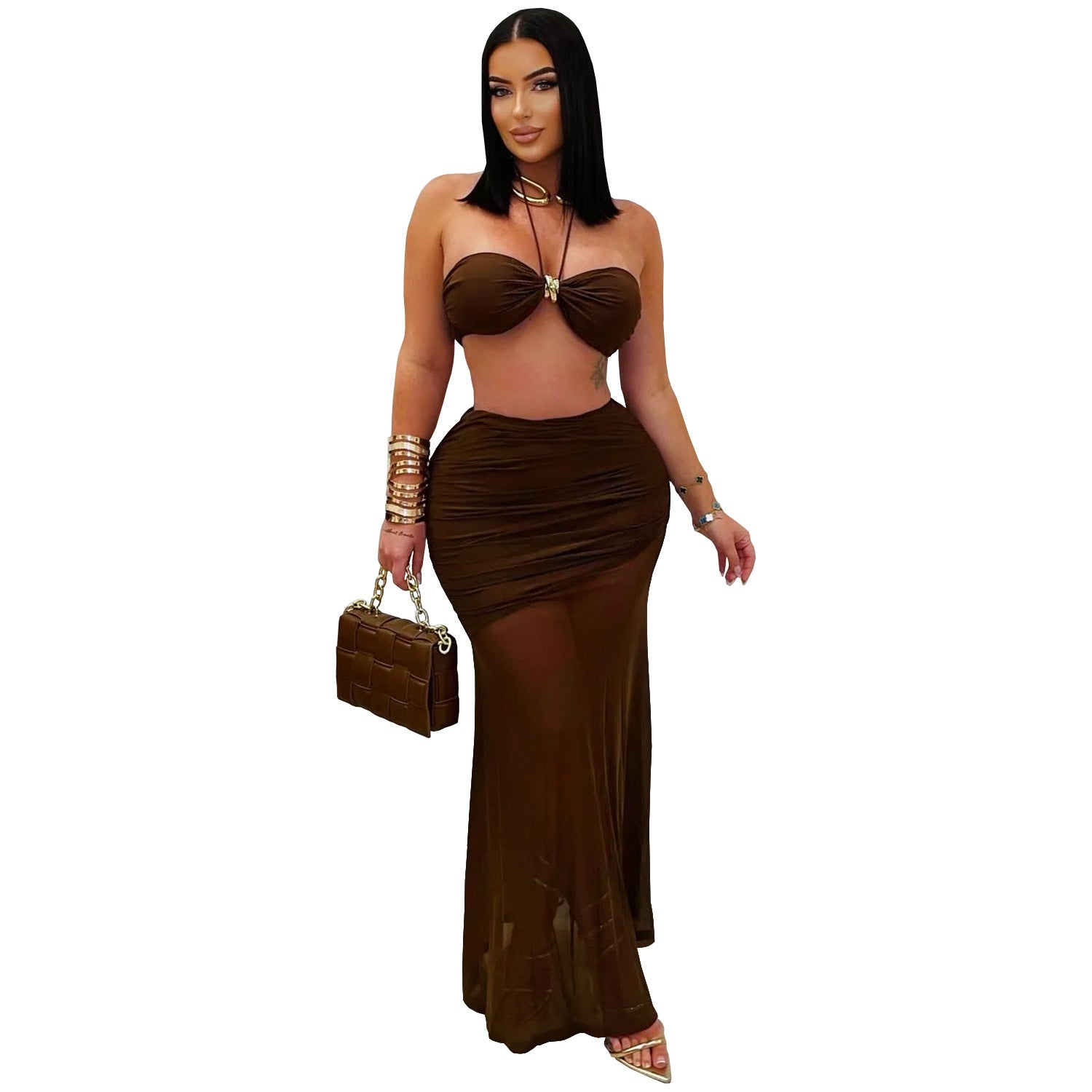 Sexy Strapless Ruched Mesh Mermaid Long Skirt Set 14