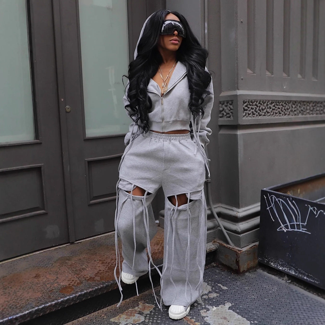 Women casual zipper hoodies and ripped wide-leg pants two-piece set 6