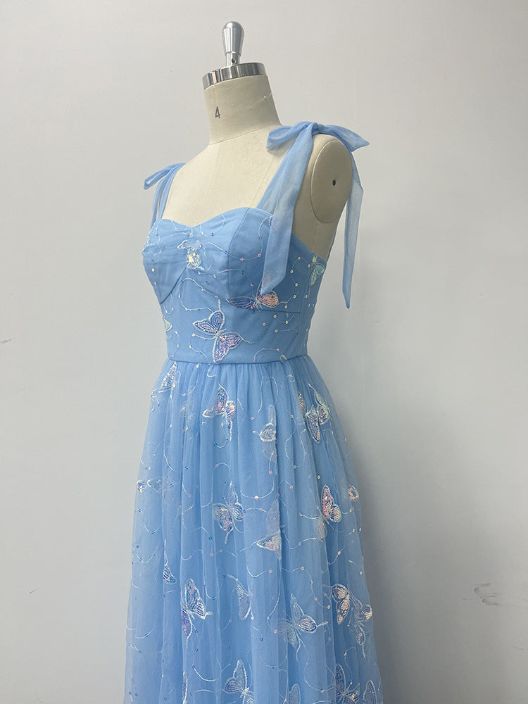 Tie Strap Evening Dress A-Line Mesh Butterfly Pattern Embroidered Elegant Birthday Long Party Dress 9