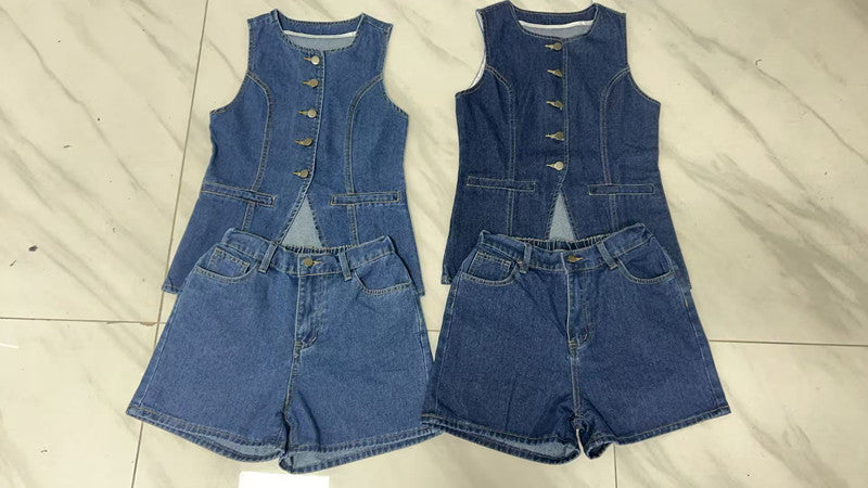 Spring Summer fashion sleeveless Slim Waist high waist loose Denim Shorts set 7