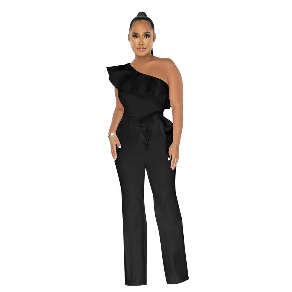 Women Solid Ruffle Jumpsuit with Belt 10