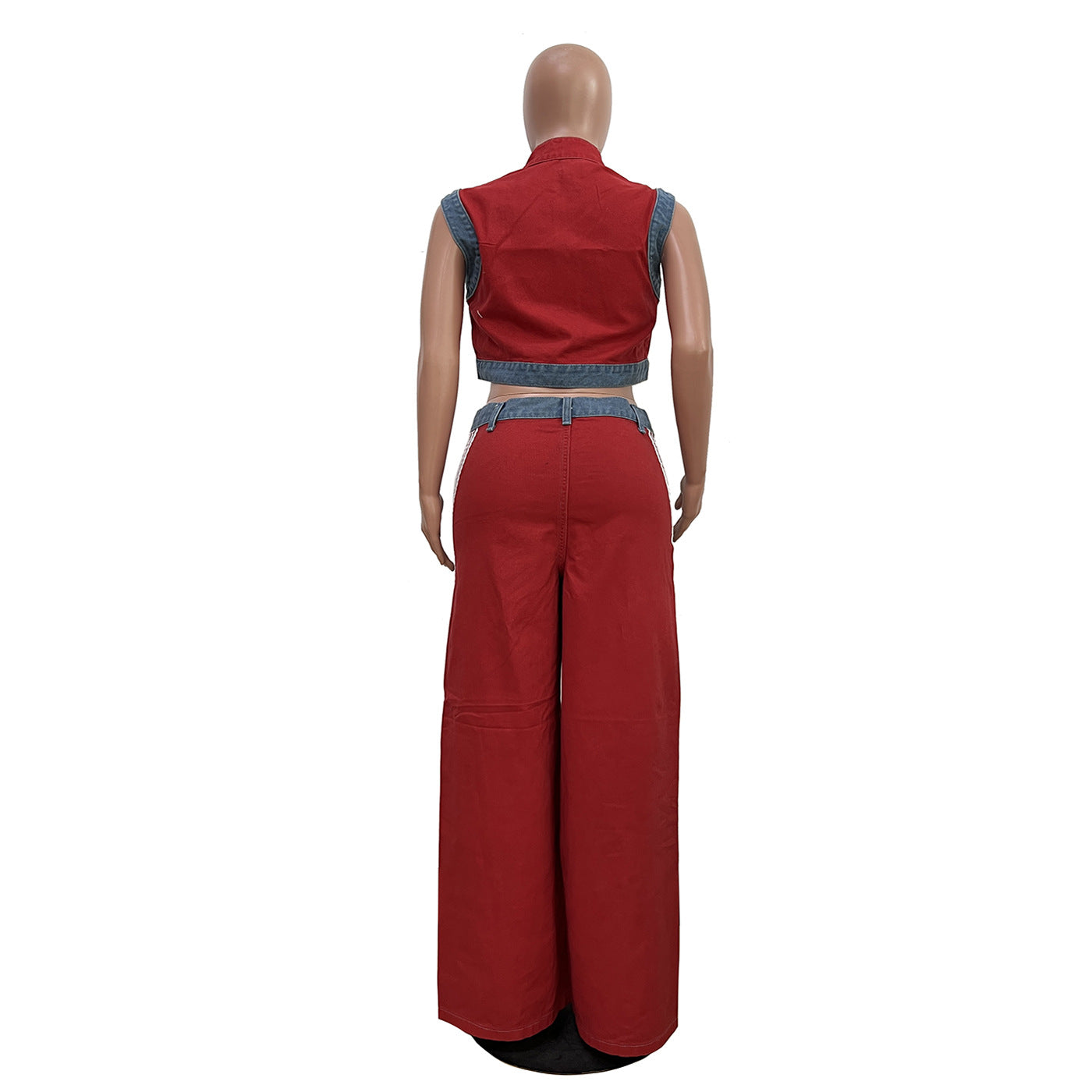 Women casual webbing patchwork top and denim wide-leg pants two-piece set 11