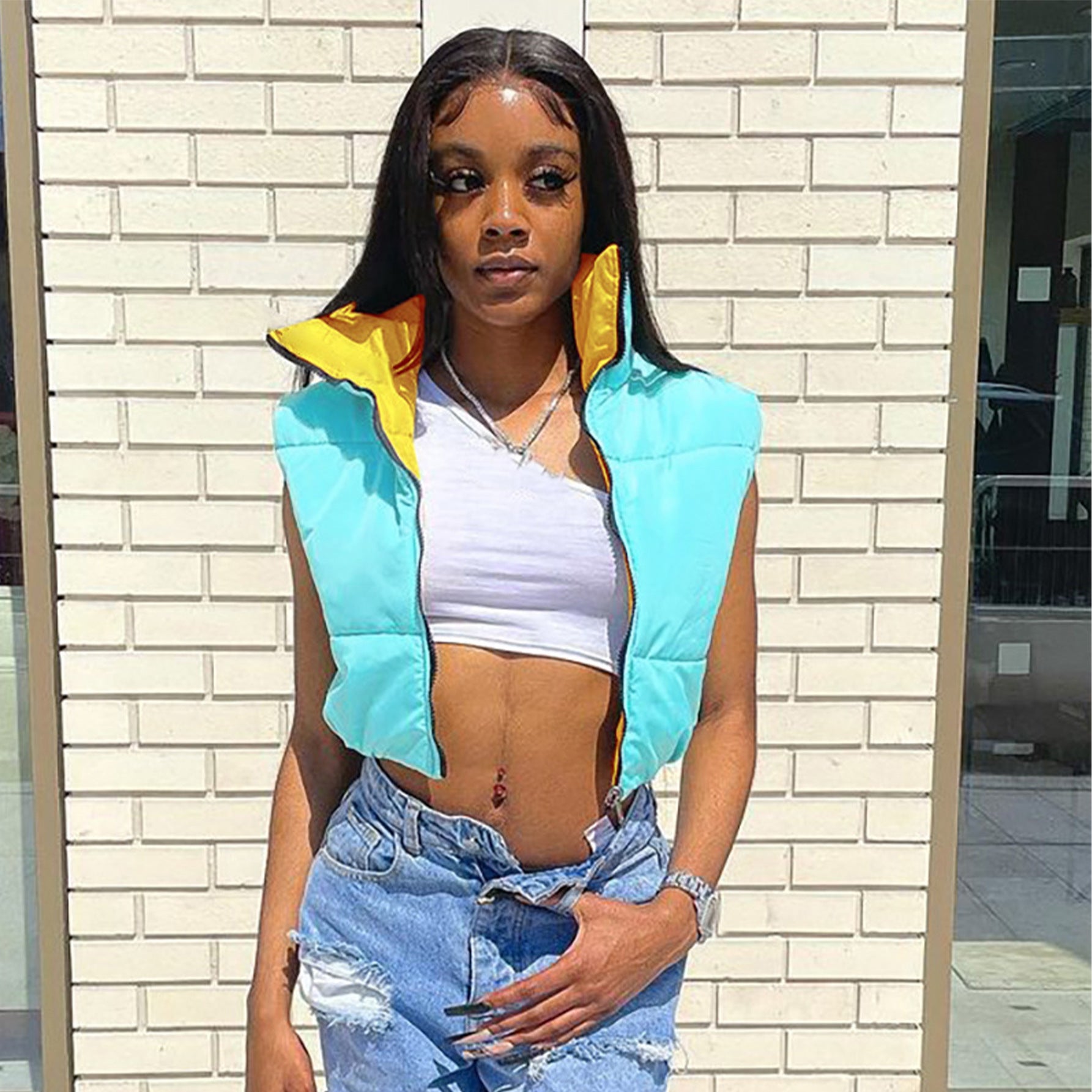 Women's Autumn And Winter Contrast Color Reversible Sleeveless Vest Casual Cotton Pad Jacket 7