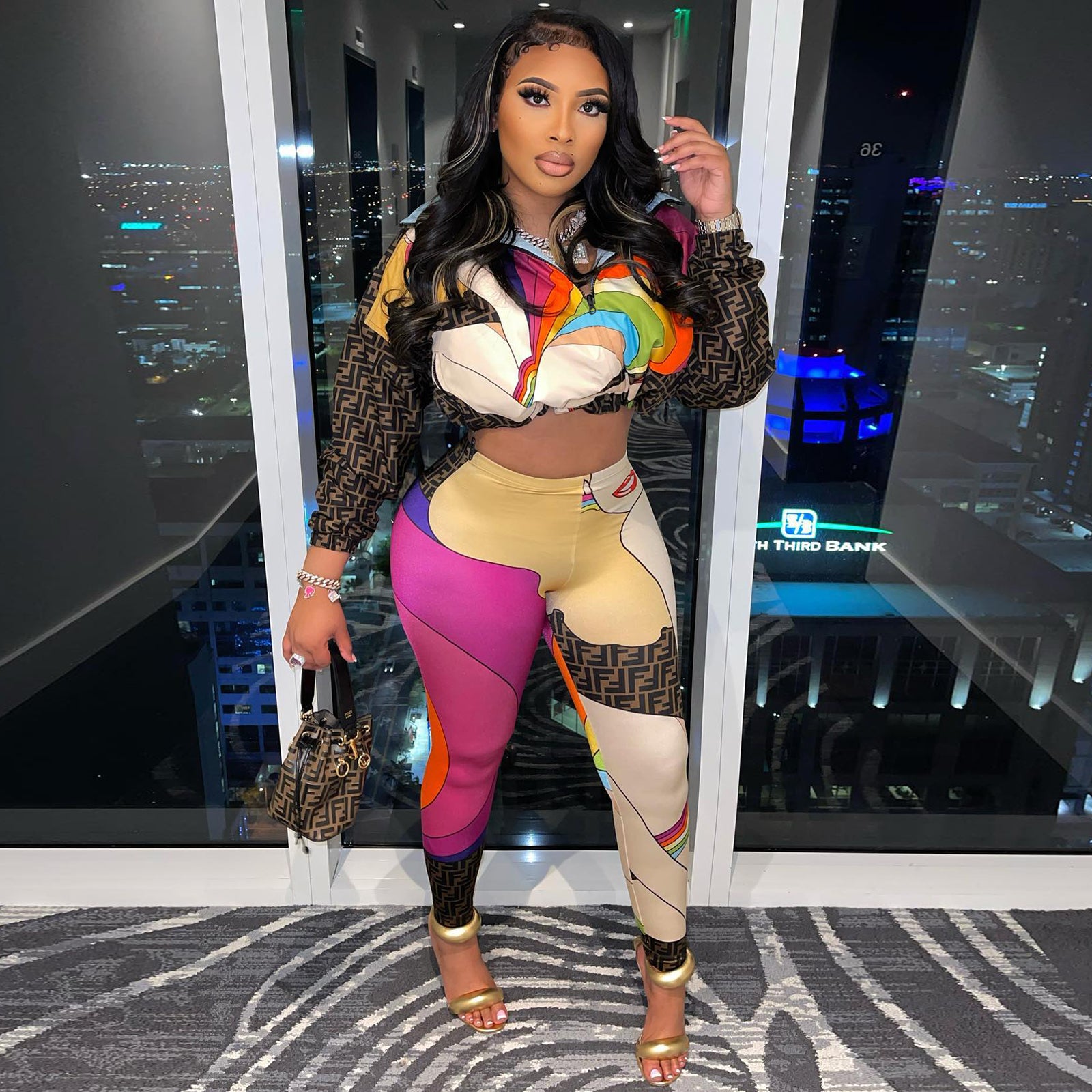 Women'S Letter Positioning Print Zippered Long Sleeve Top Pant Set Two-Piece Set