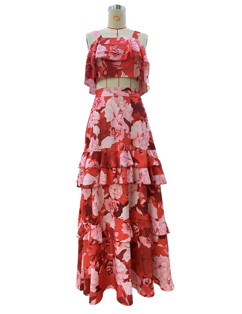 Women's Fashion Holidays Style Floral Printed Strap Top Ruffle Skirt Two-Piece Set 5