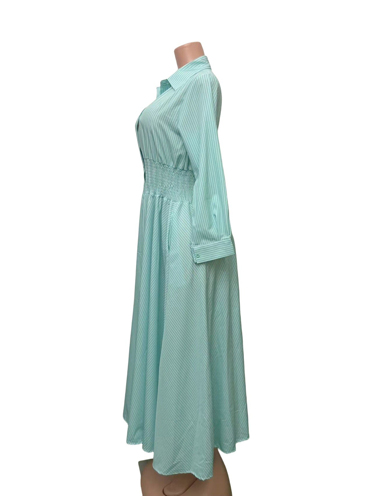 Striped Turndown Collar Long-Sleeve Button Slim Waist A-Line Gown 14