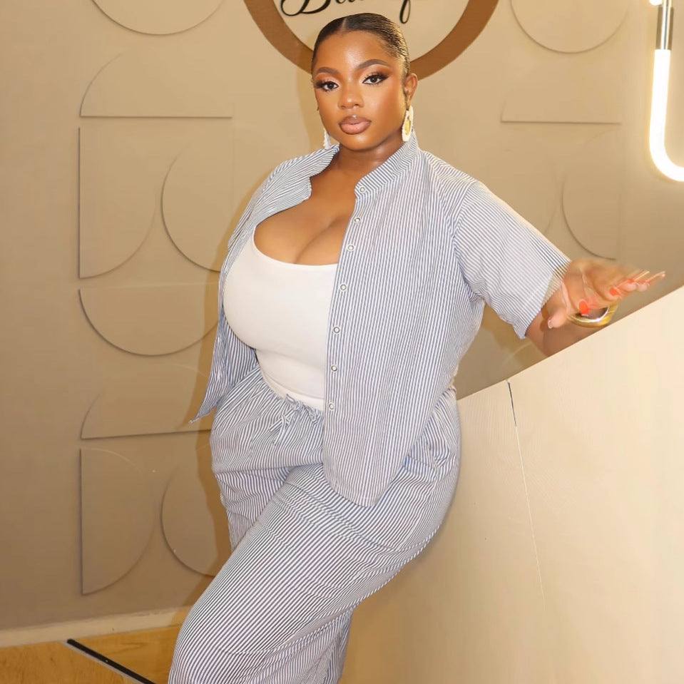 Africa Plus Size Fashion Casual Women Striped Turndown Collar Shirt Pants Trendy Two-piece Set 5