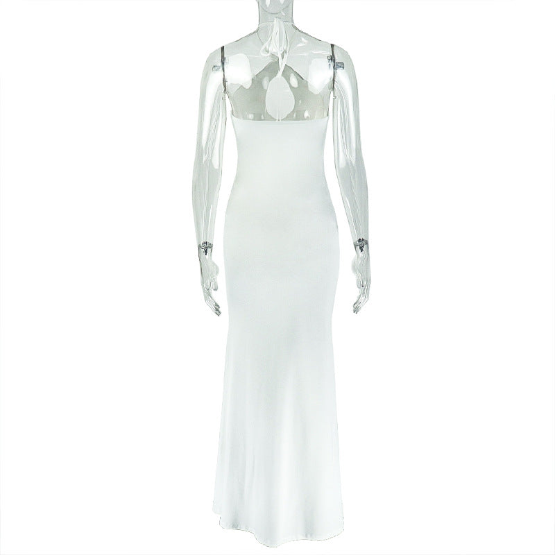 Women's Solid Chic Low Back Cross Halter Neck Long Dress 9