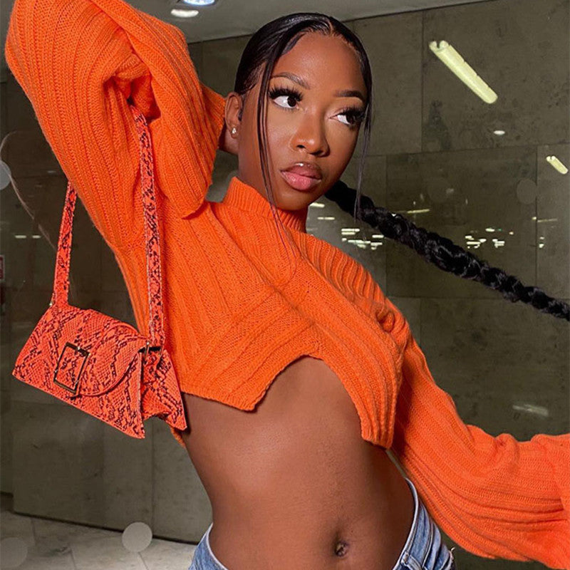 Autumn And Winter Sweater Solid Color Women Casual Long Sleeve Round Neck Classic Tight Fitting Irregular Crop Mid-Waist Women's Clothing