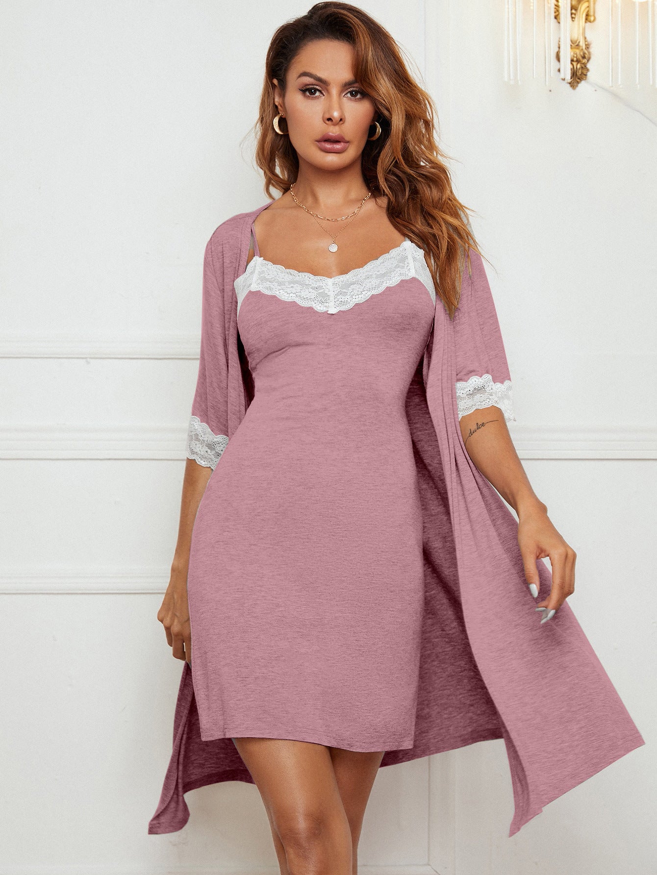 Women suspender nightdress lace two-piece set 3